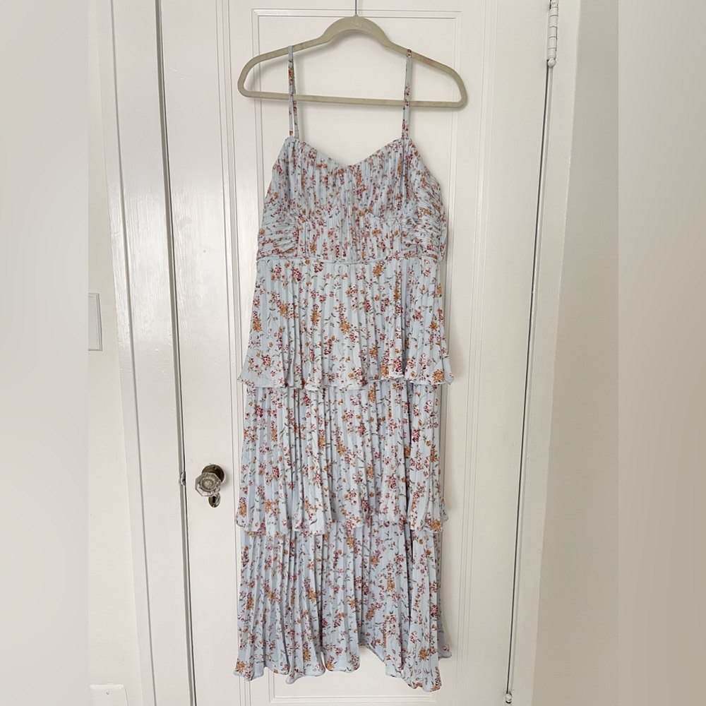 Lulus Cascading Crush Blue Floral Print Tiered Bustier Midi Dress size XL
